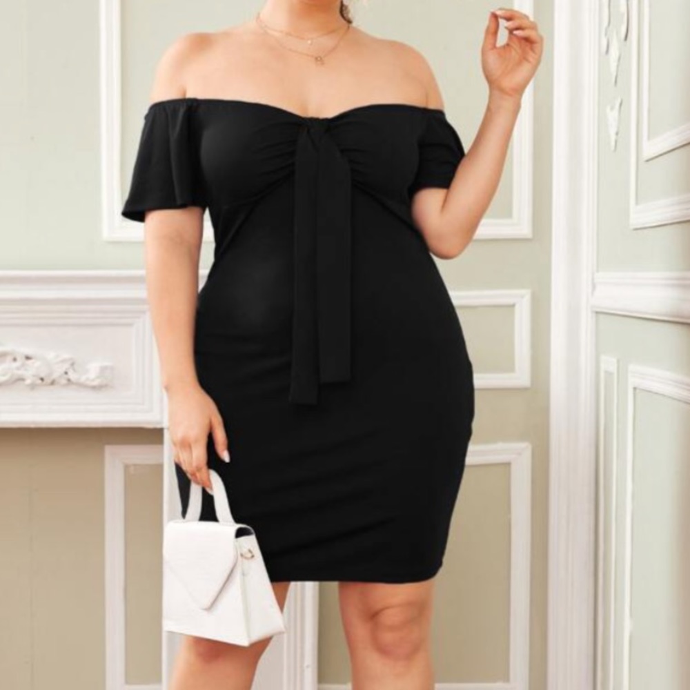 PLUS Off The Shoulder Tie Front Bodycon Dress